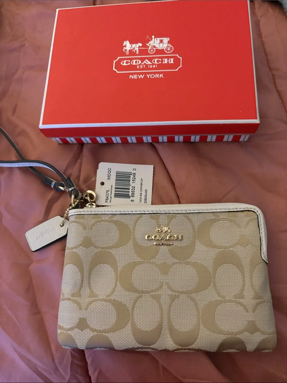 Coach Beige Signature Zip Wristlet with Gold Hardware